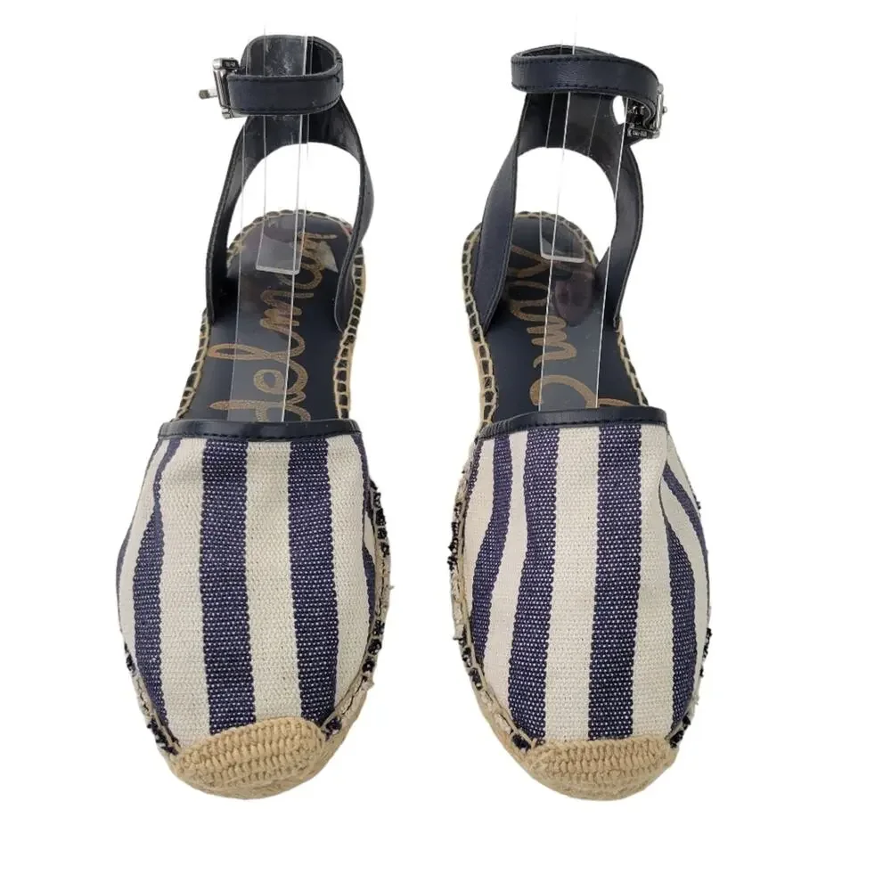Sam Edelman Vivian Closed Toe Espadrille Size 8.5 Blue Cream Stripe Ankle Strap